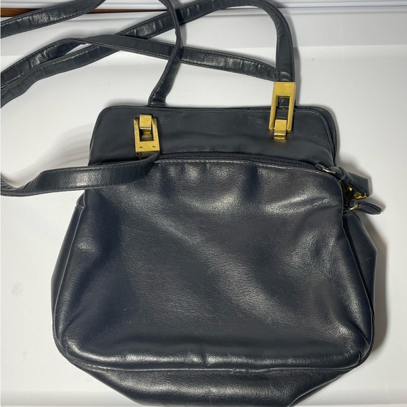 VINTAGE 80s 90s Tempo Design Black Leather Bag Gold Hinge Hardware - Picture 3 of 15